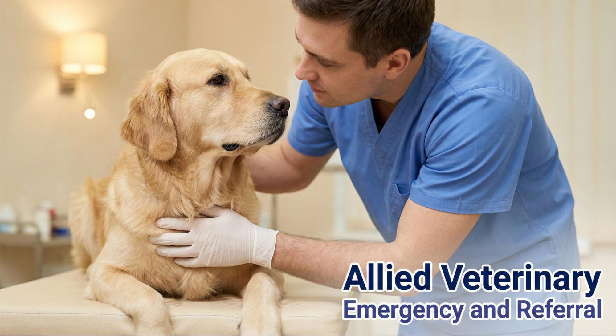 Veterinarian gently making eye contact with a calm dog, one gloved hand resting on the dog’s chest in a quiet exam room.