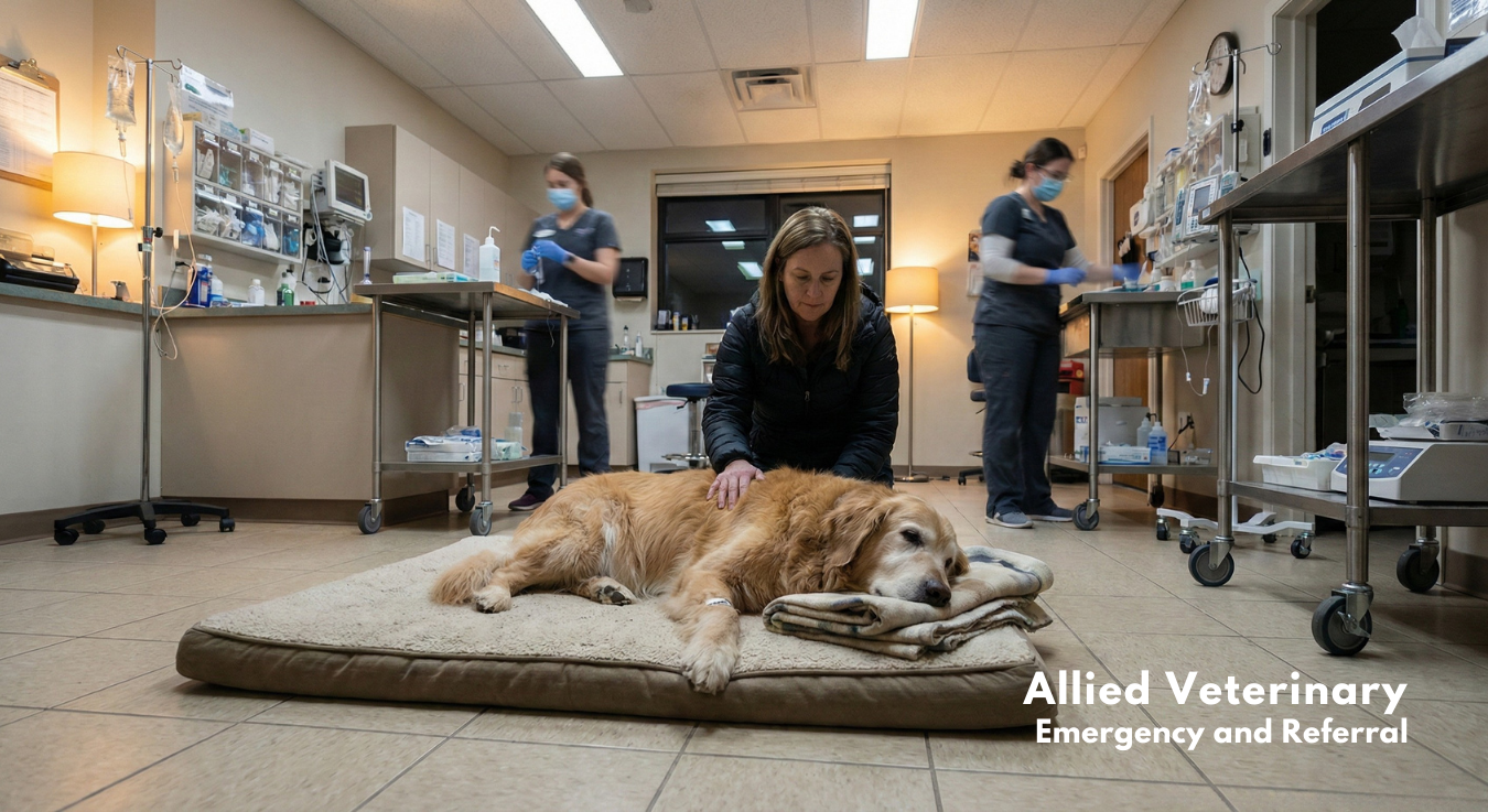 Pet owner comforts an injured dog as veterinary staff provide overnight emergency care in a 24-hour animal hospital.