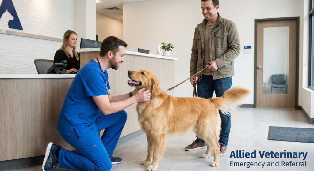 Veterinary staff greeting a dog and its owner in a specialty hospital reception area before advanced care.