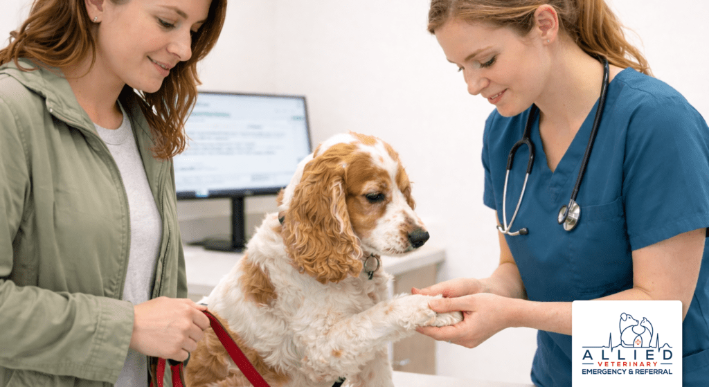 Emergency veterinary specialist checks limping dog at best emergency animal hospital in Minneapolis