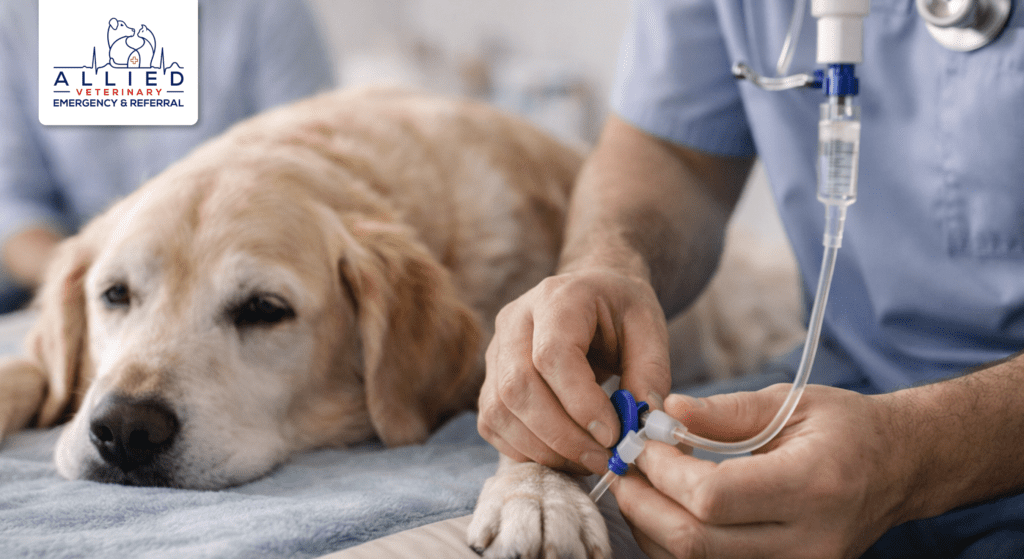 Veterinarian adjusting chemotherapy IV for golden retriever during pet oncology evaluation and cancer care