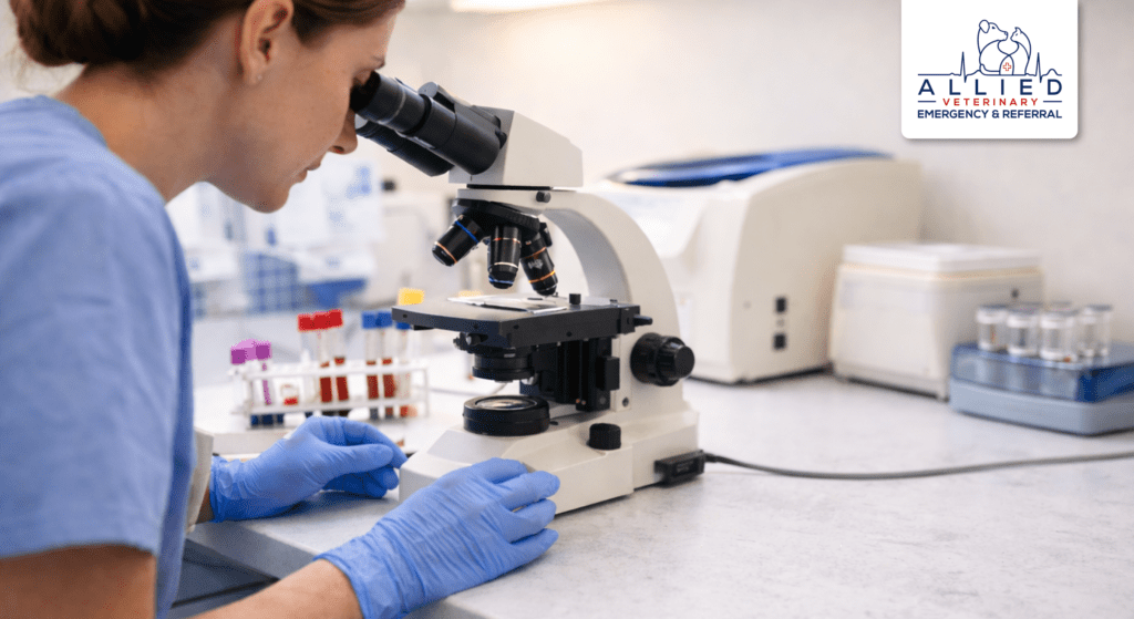 Internal medicine lab with microscope and blood samples showing advanced diagnostics for pets