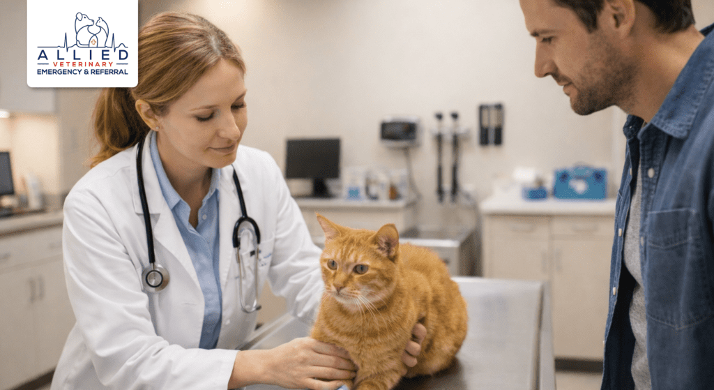Veterinarian examines orange cat on table inside emergency vet clinic while owner watches closely