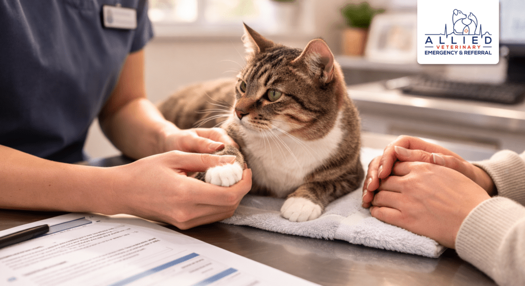 Veterinary technician gently holds a cat’s paw during a consultation at Allied Veterinary Emergency & Referral