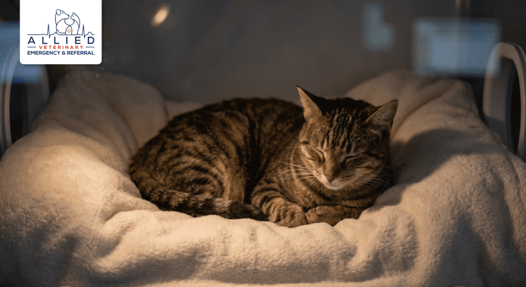 Soft lighting for a recovering cat in a dedicated unit at an emergency vet in Brooklyn Park MN.