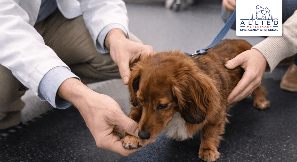 Veterinary neurologist tests paw reflex on Dachshund to assess symptoms