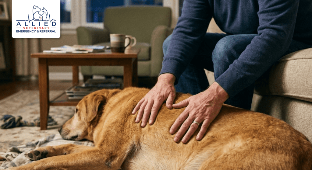 A calm but concerned owner with a sick dog signaling a need for a 24 hour animal hospital Minneapolis.