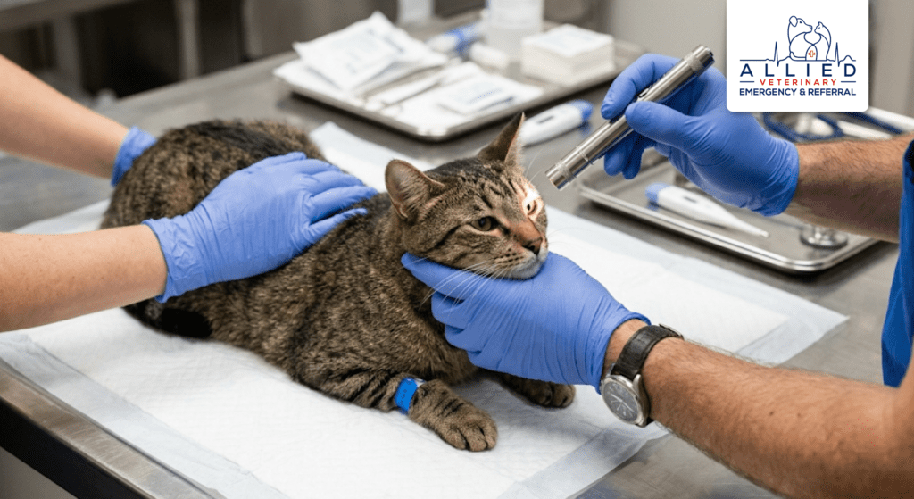 Professionals perform a penlight exam on a cat at a modern emergency animal hospital in Eau Claire, WI.