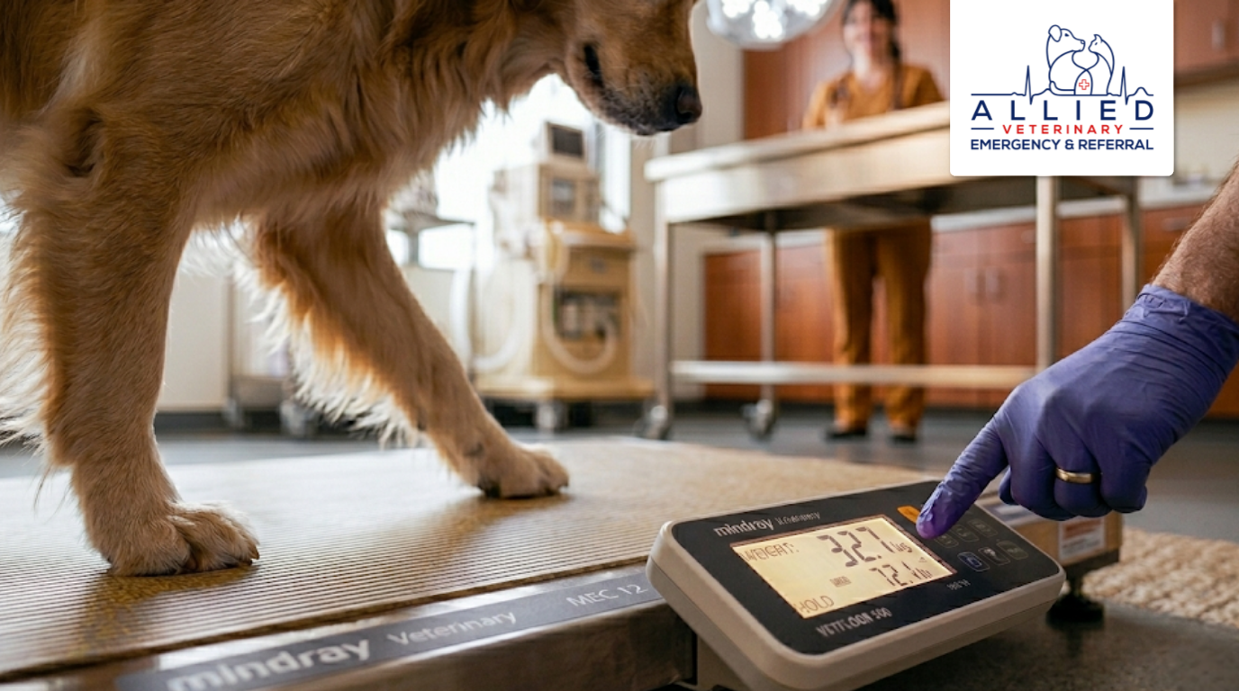 A dog is weighed to begin urgent care at a vet in Shakopee, MN.