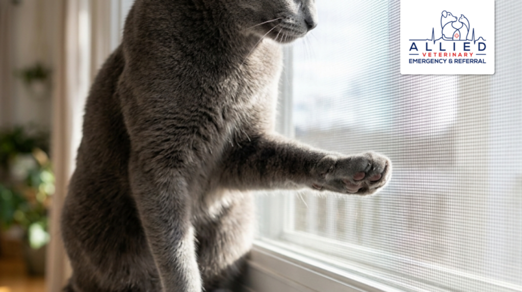 A grey cat reaching for a window screen, a common entry point for mosquitoes that carry feline heartworm disease.
