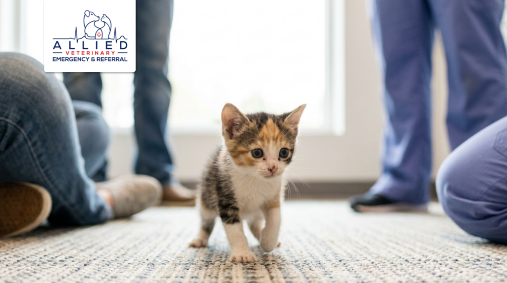Small kitten being observed at a clinic for a pet emergency in Eau Claire.