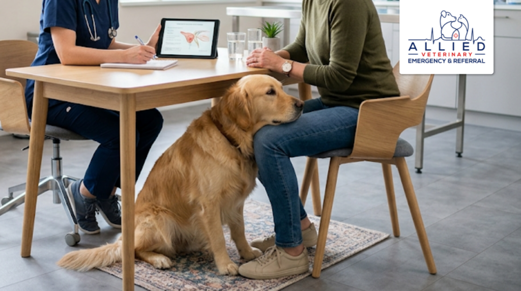 Discussing heart health with an owner during a veterinary cardiology appointment for a golden retriever.