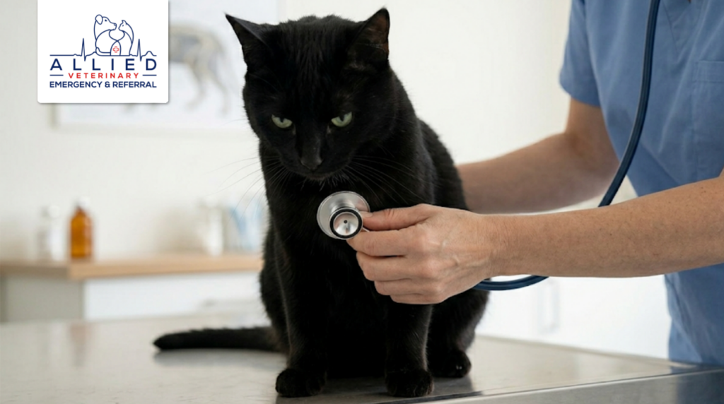 Specialist in cat cardiology using a stethoscope to monitor a black cat’s heart rhythm and health.