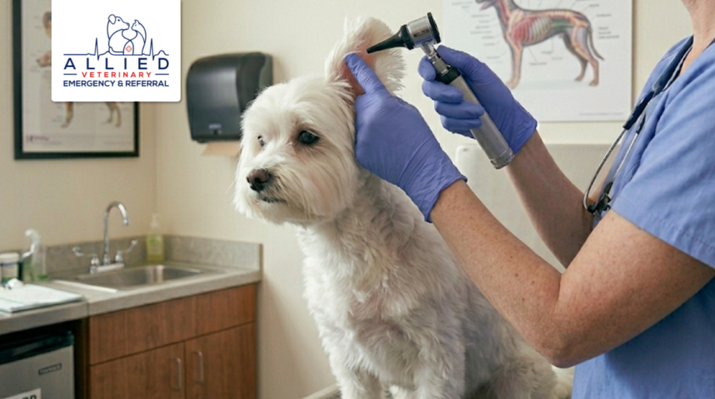 Using an otoscope to check a small dog at a Shakopee area animal hospital with 24/7 availability.