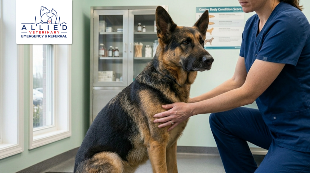 Specialist examining a German Shepherd's joints before performing TPLO surgery for dogs.
