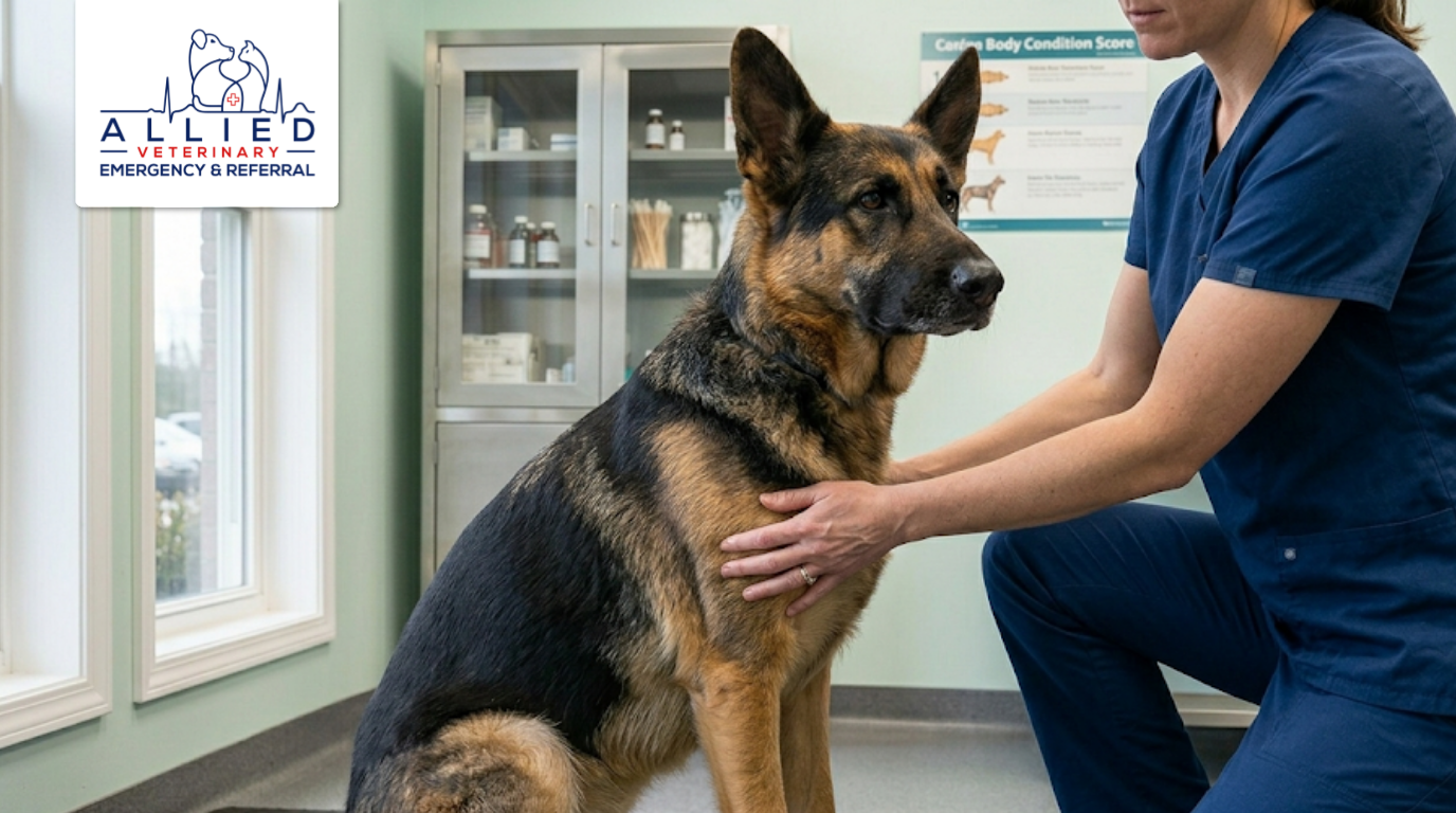 Specialist examining a German Shepherd's joints before performing TPLO surgery for dogs.