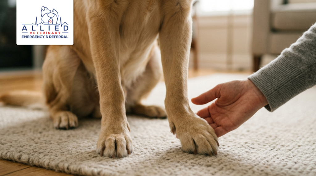 Hand checking a dog’s paw, looking for limping, swelling, or other clear signs of pet emergency.