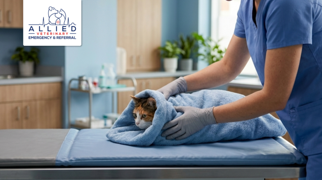 Prepping a cat for a scan at a hospital for veterinary care equipped with 3D CT technology.