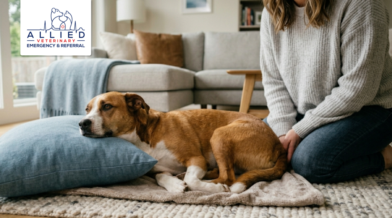 A lethargic dog lying on a pillow, showing possible visible symptoms of what qualifies as a veterinary emergency.