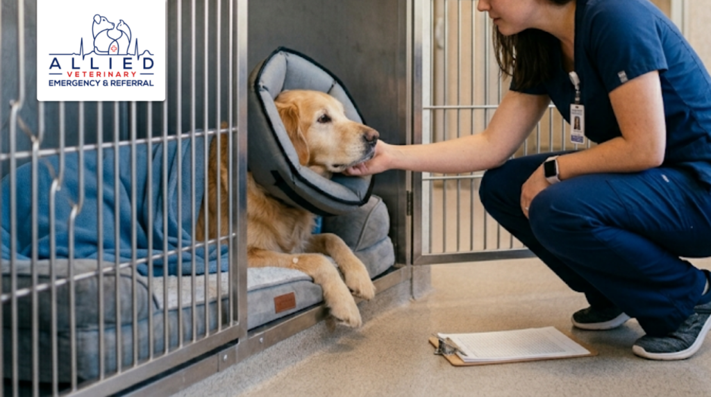A dog receiving professional attention inside a recovery kennel in an emergency animal hospital setting.