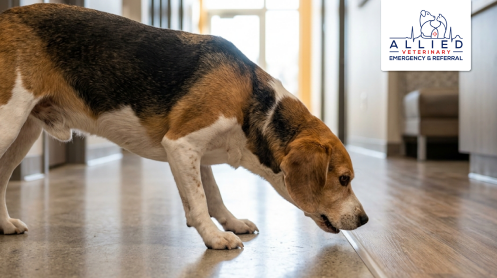 A beagle leaning low and coughing, a common posture for a dog coughing from heart disease.