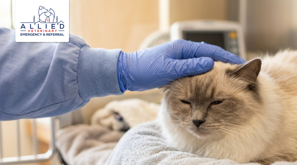 A gloved hand rests on a calm cat recovering from the effects of feline heartworm disease on a soft blanket.