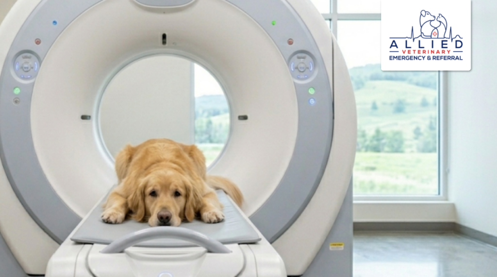 Golden retriever undergoing a CT scan during a pet emergency in Eau Claire.