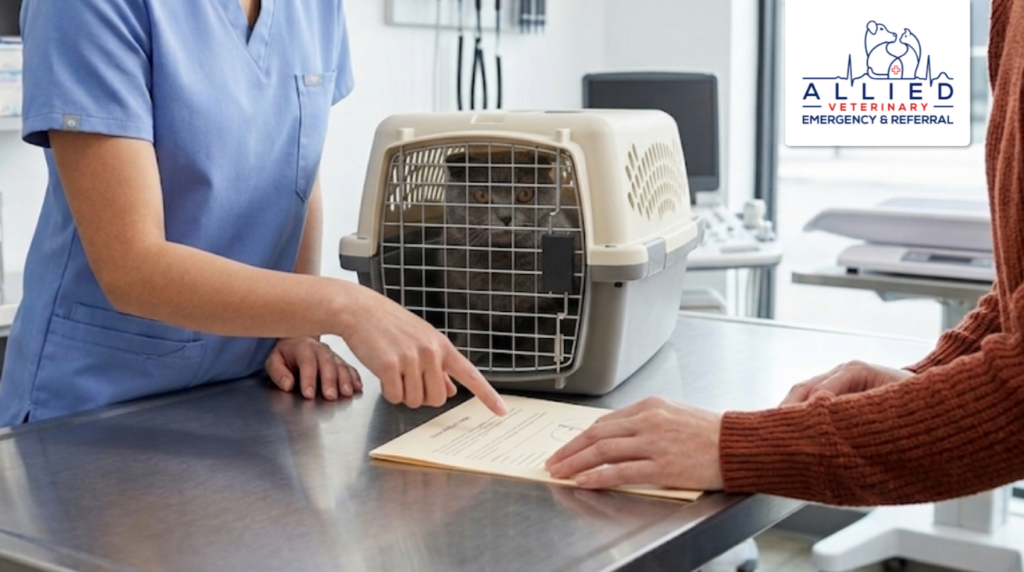 Personalized consultation at an independent specialty vet hospital with a cat in a carrier on the exam table.