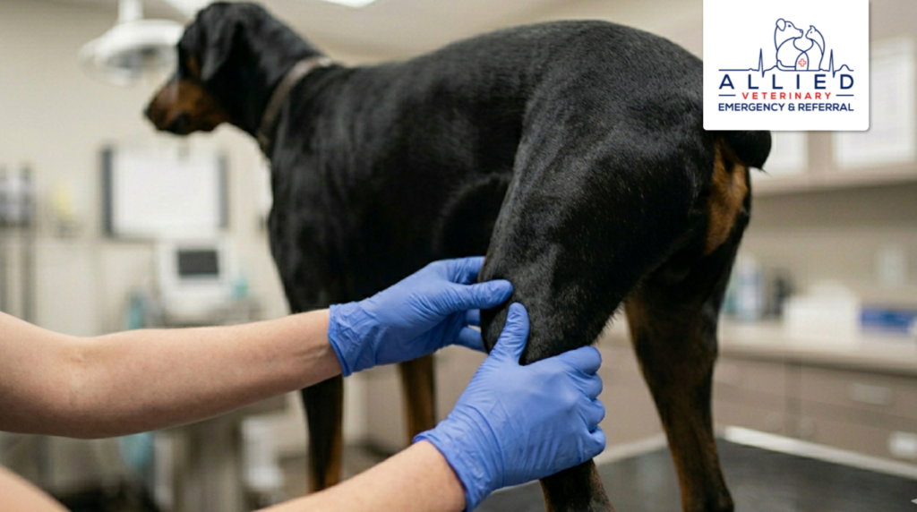 Professional assessment of a Doberman's stifle joint for an upcoming dog cruciate ligament repair.