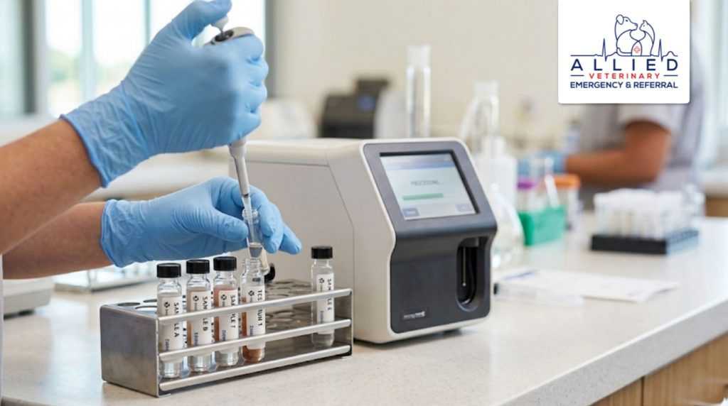 A technician using a pipette and diagnostic machine at an independent emergency vet clinic.