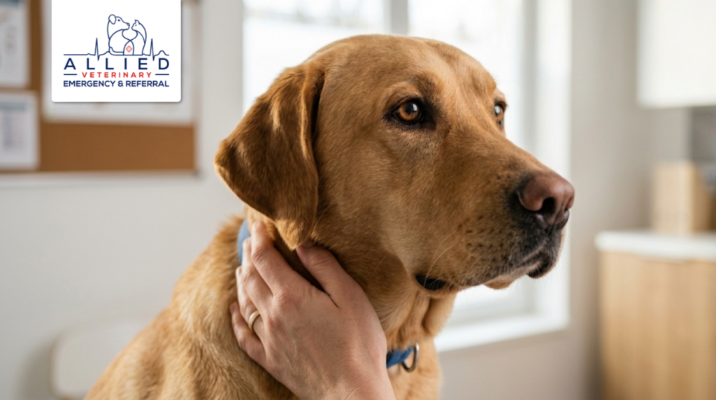 Specialist recommending advanced diagnostics for a pet while comforting a brown Labrador.